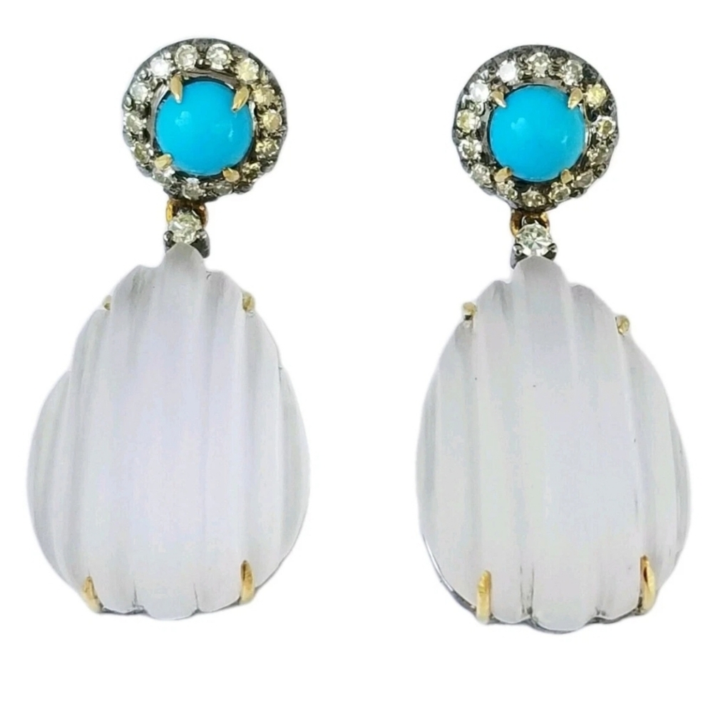 Earrings 14k Gold Diamond Turquoise  Rock Crystal Quartz Drop- Estate Jewelry 7g